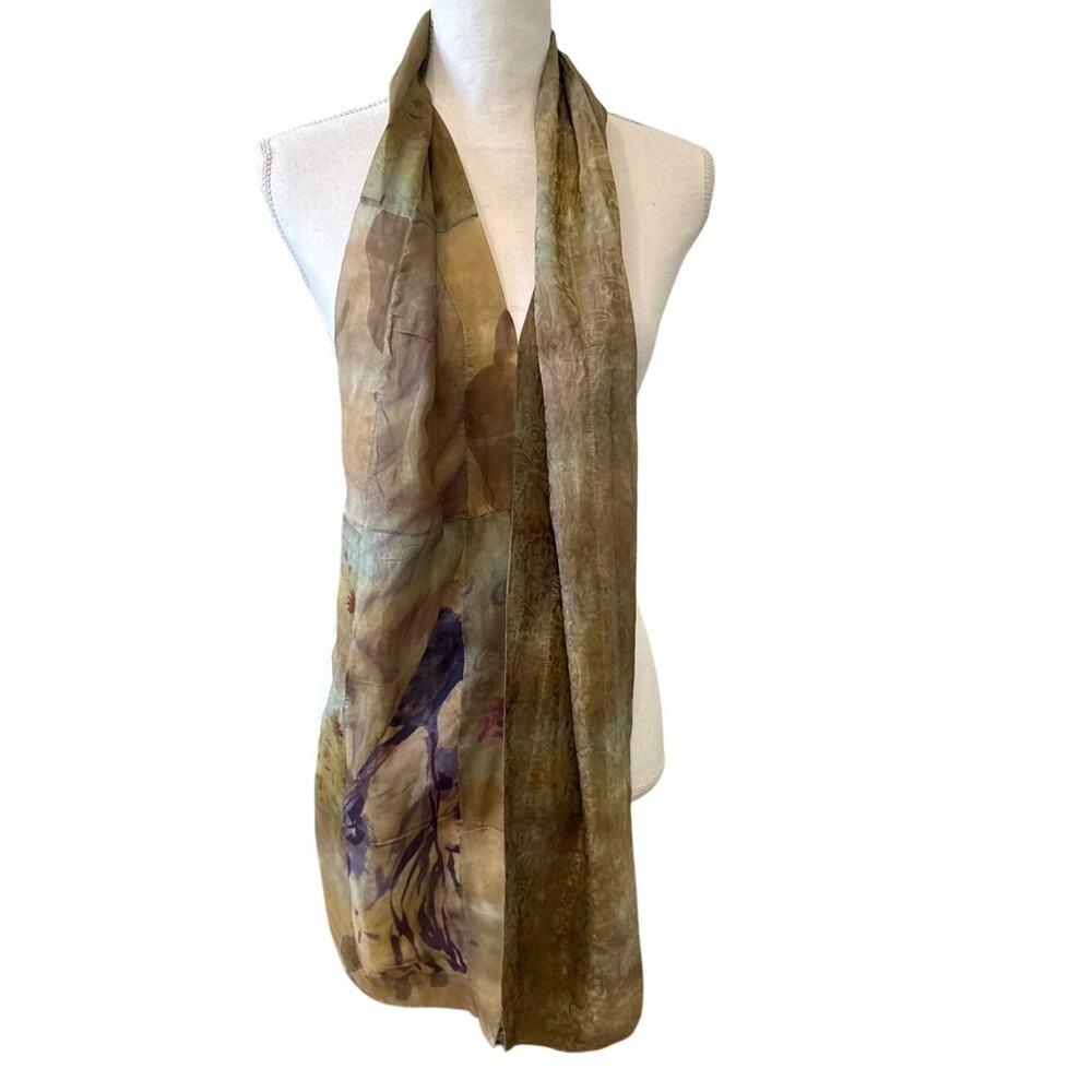 Artsy Silk Rectangular Patchwork Scarf Muted Olive Green Print - Picture 2 of 5